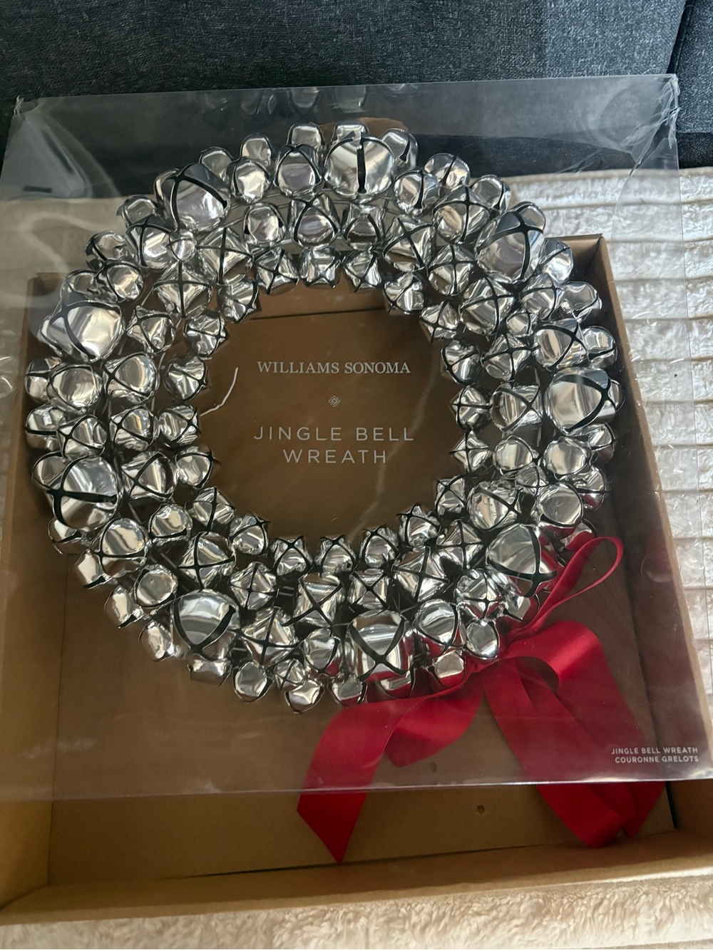 Williams Sonoma Jingle Bell Wreath Silver & Red NWT